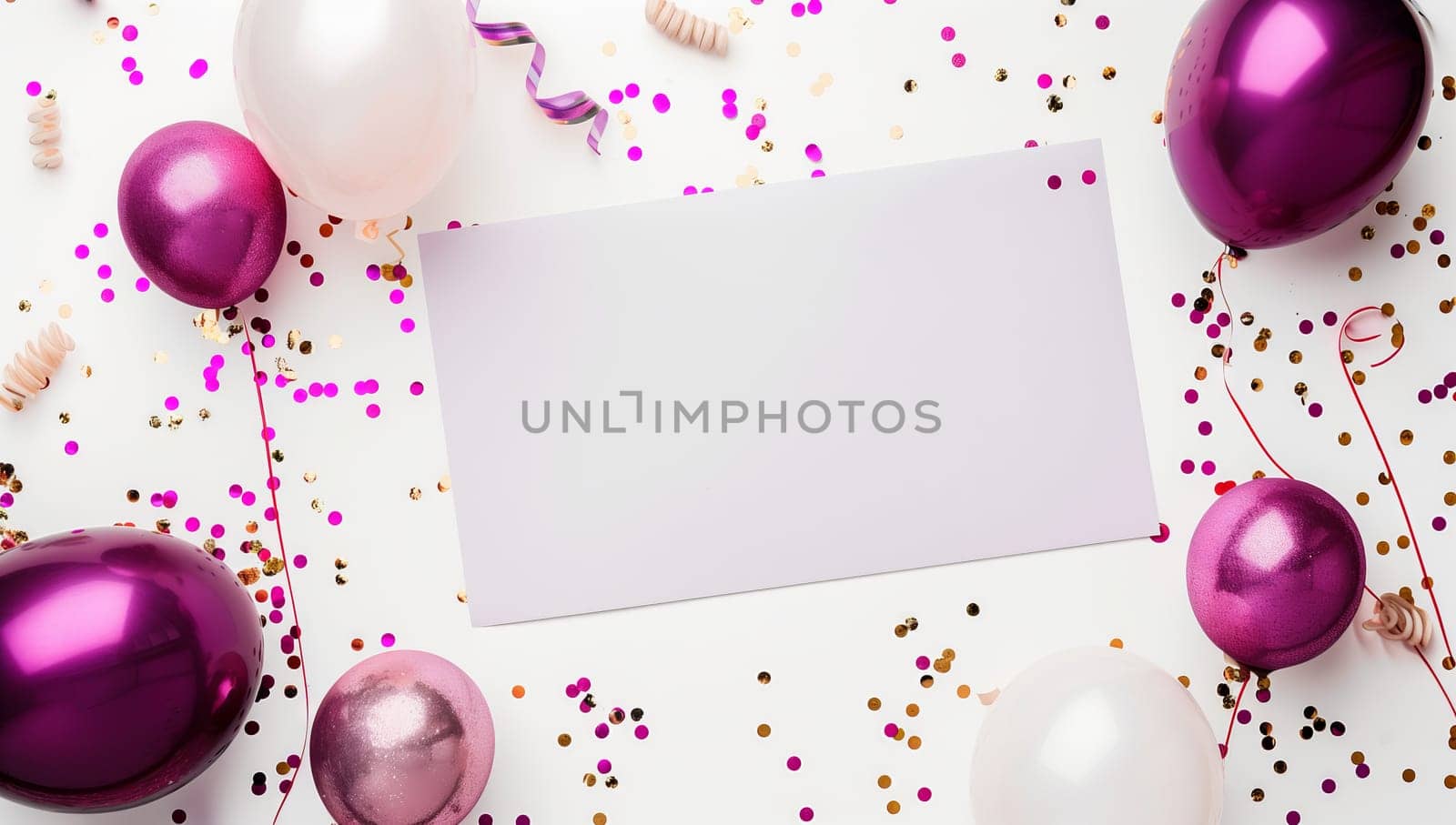 A white card is surrounded by a vibrant mix of pink and white balloons, confetti, and decorations, creating a festive and cheerful atmosphere