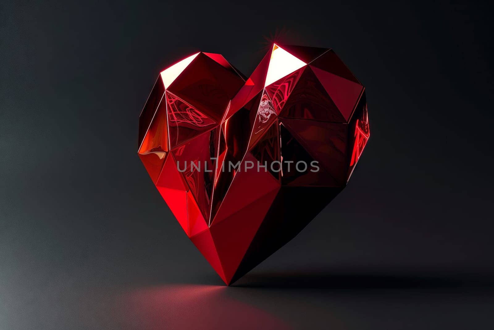 A red heartshaped diamond made of electric blue transparent material, displayed on a black background. The artistic craft combines symmetry and creativity, resembling origami art forms