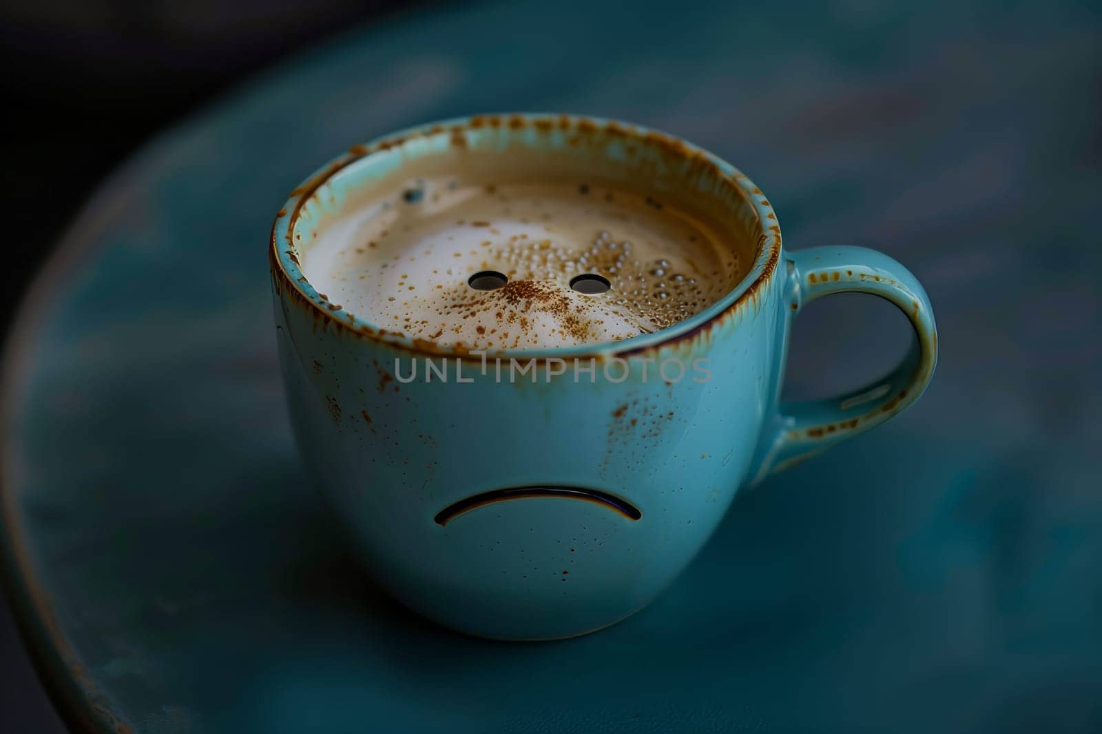 A coffee cup with a drawn sad face on it sitting on a saucer. The tableware holds a drinkware filled with the ingredient of coffee, such as Wiener melange or Cuban espresso