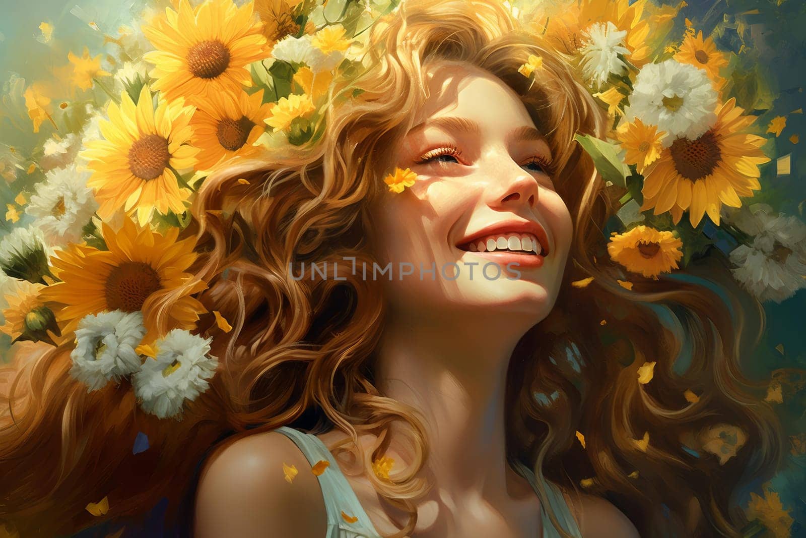 Radiant Smiling woman in flowers. Generate Ai by ylivdesign