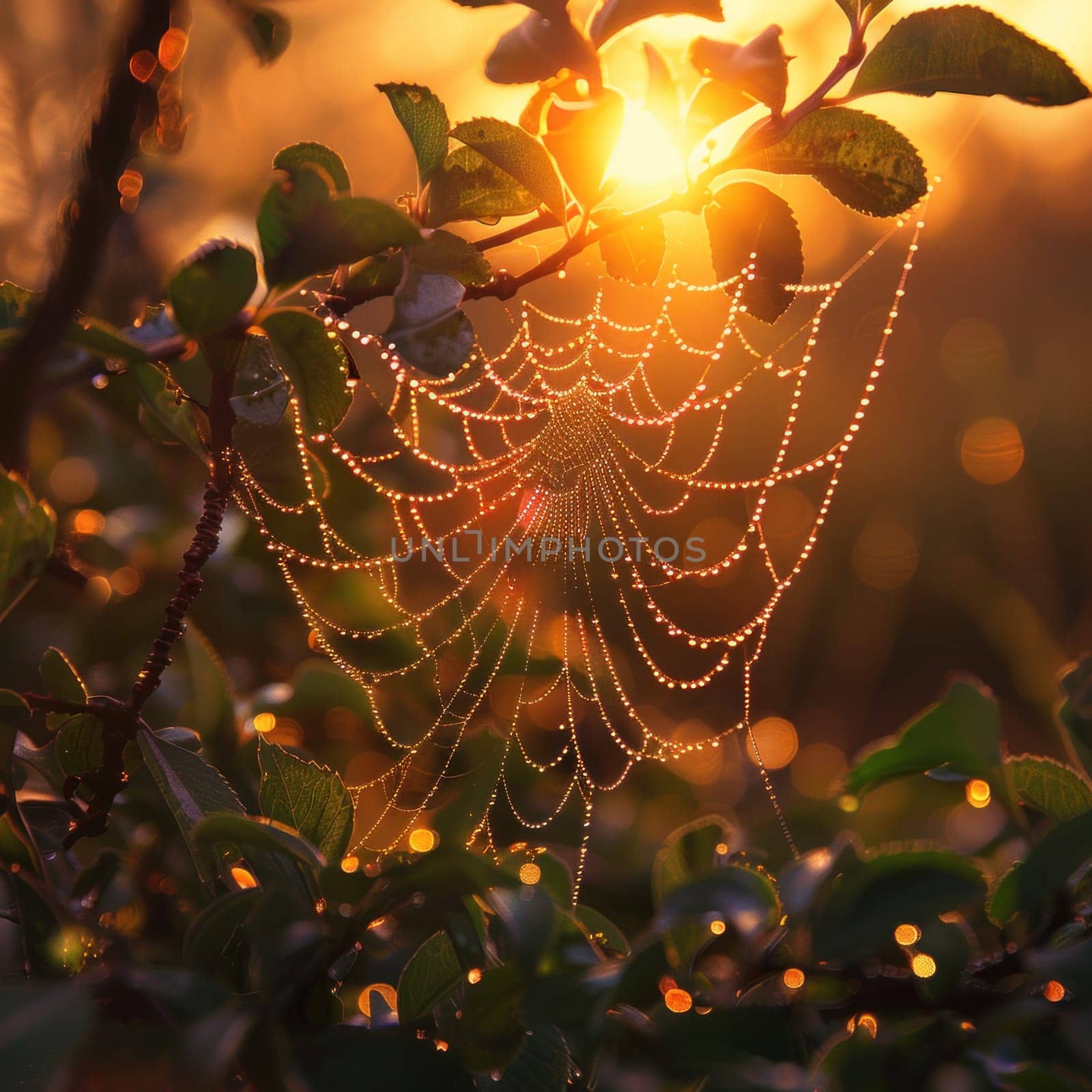 A spider web covered in morning dew shines in the sunlight, showcasing natures intricate design.