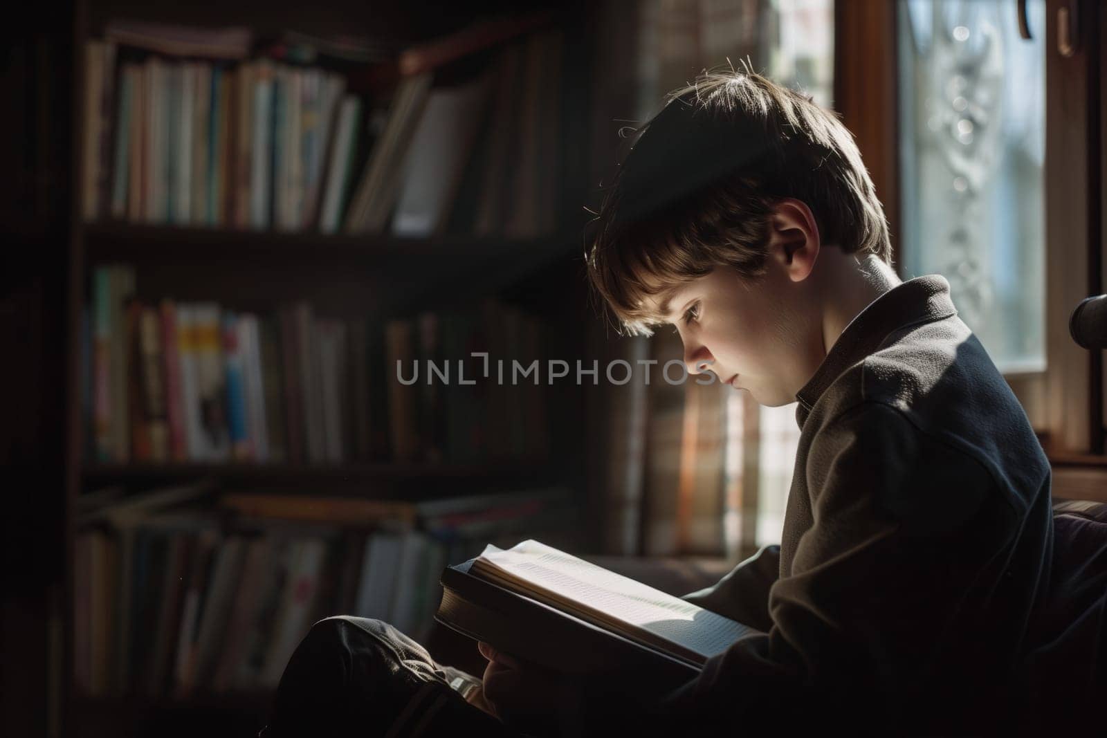 A boy is seated in front of a wooden bookcase, engrossed in reading a publication. The shelf is filled with books, creating a backdrop of darkness. His eyewear reflects the art of the building font