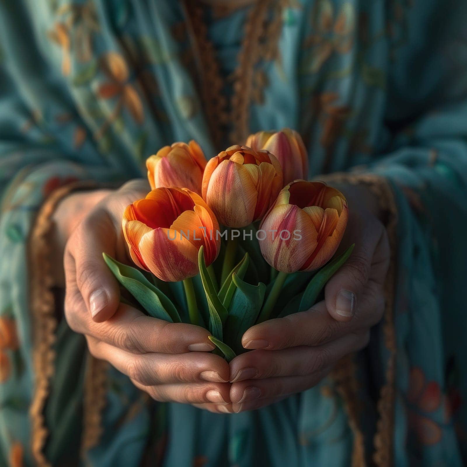 A person holding a bunch of flowers in their hands, showcasing colorful tulips against a plain background.