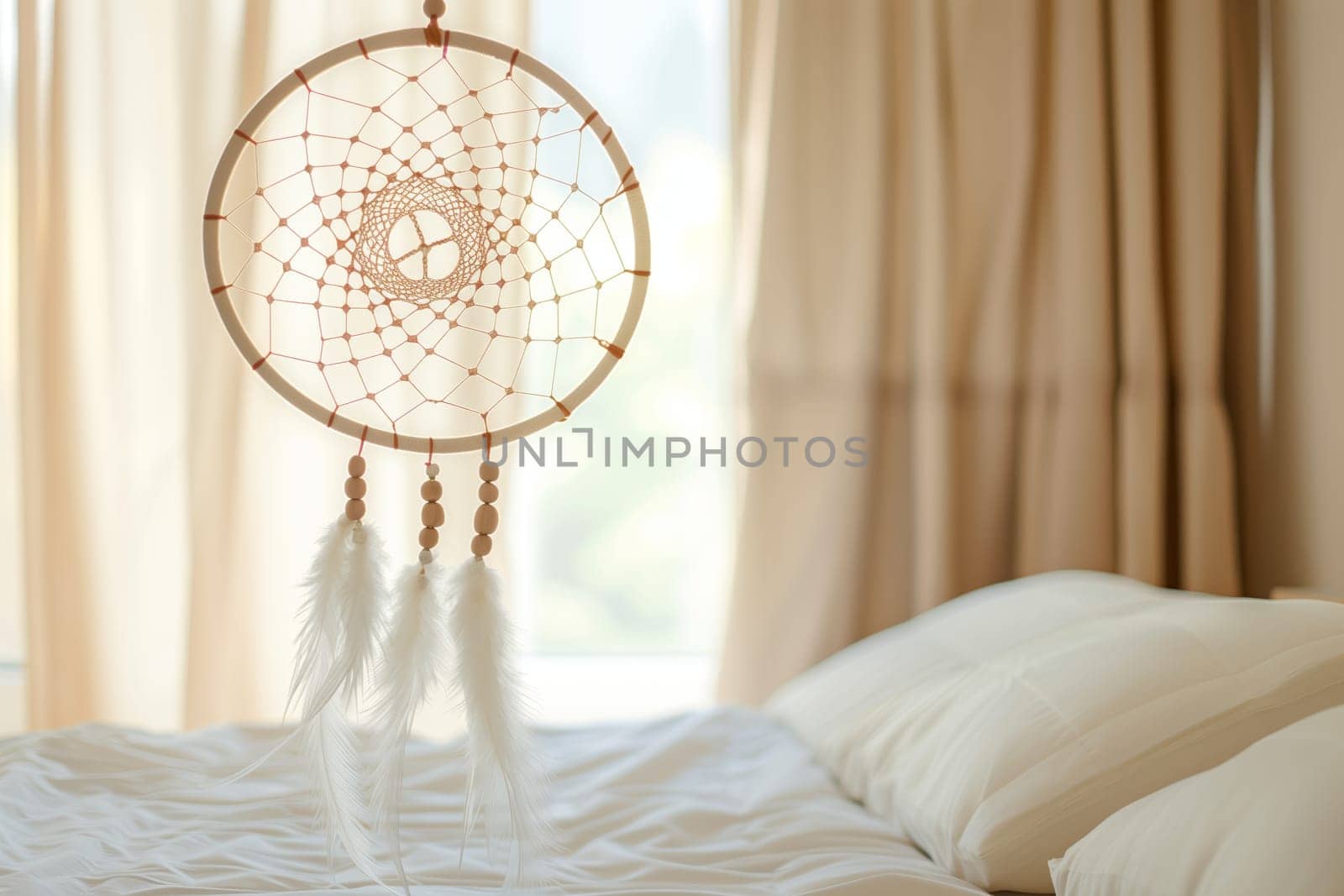 A wooden dream catcher hangs above the bed, adding a touch of comfort and whimsy to the interior design. The circular pattern complements the glass window treatments and linens
