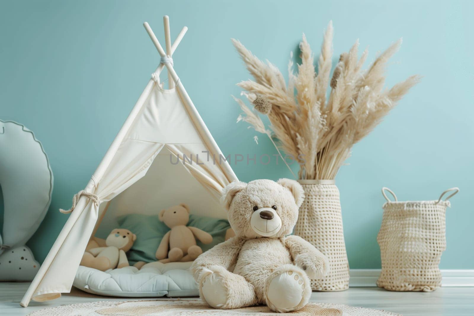 An artfully arranged photograph capturing a teddy bear seated in front of a teepee in a room, surrounded by a wooden chair, table, and twig. The scene evokes a tranquil and cozy atmosphere
