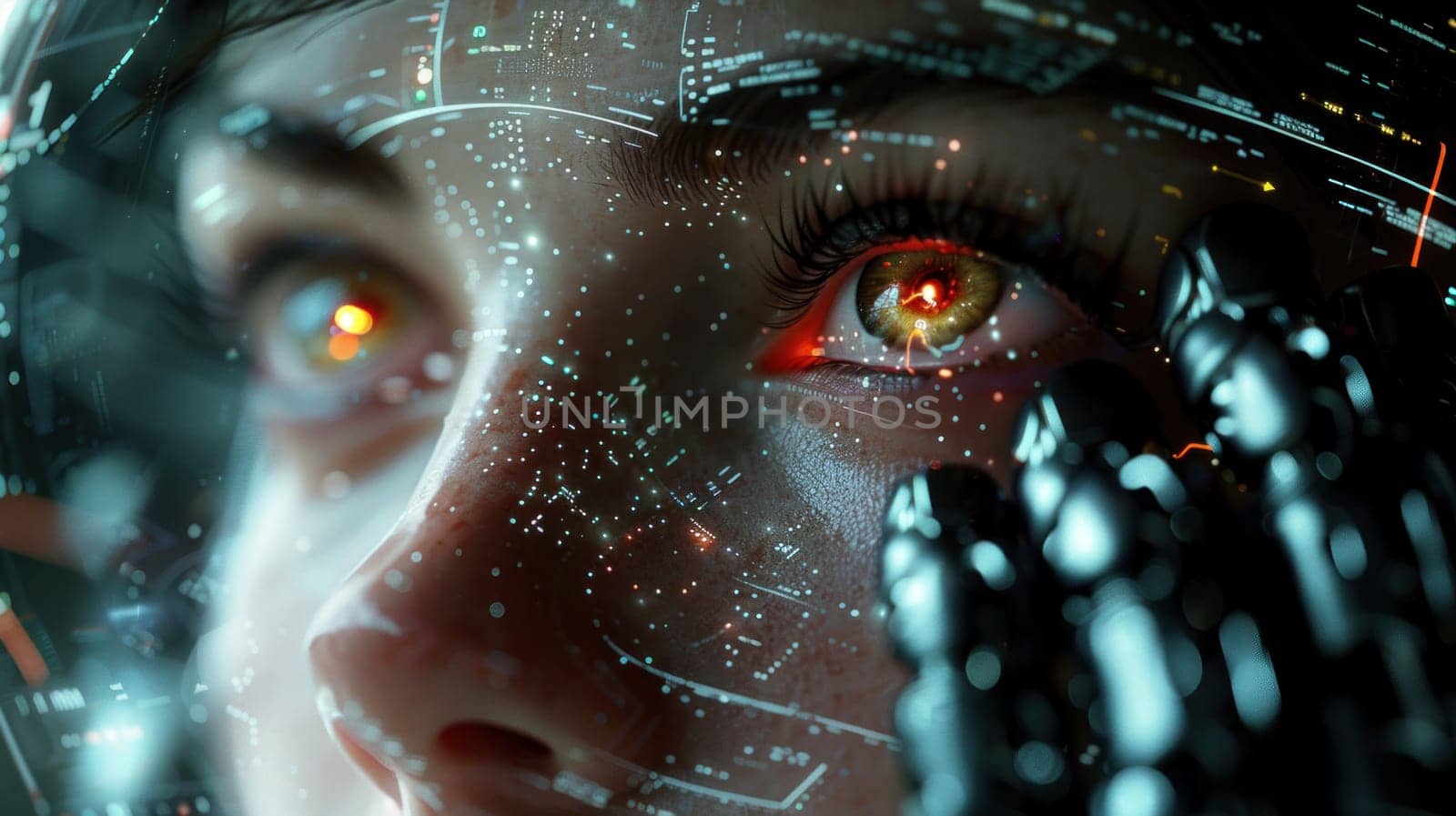 A close-up of a womans face with eyes glowing brightly, suggesting advanced technology or futuristic scanning capabilities.