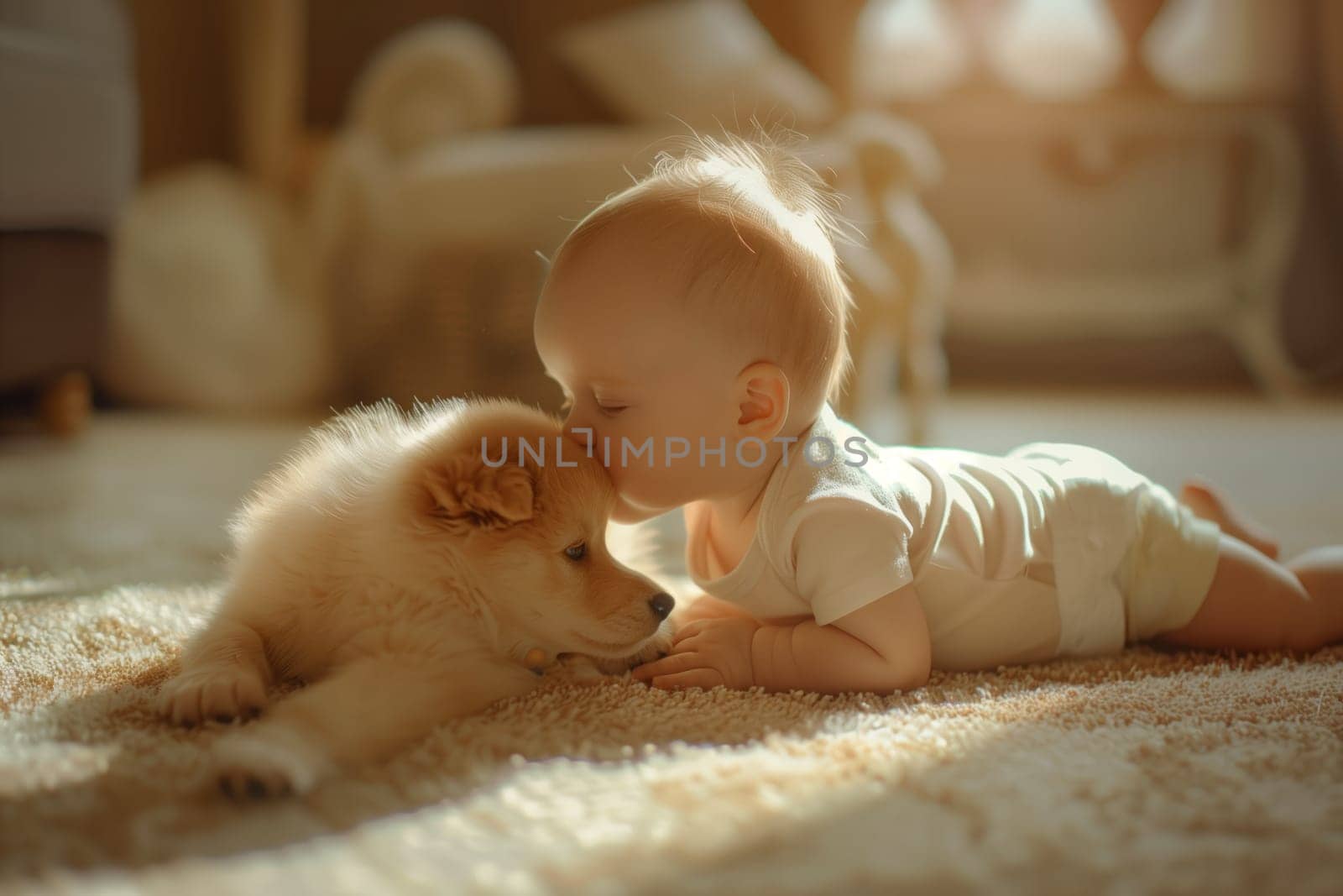 A baby is lying comfortably on the hardwood floor with a puppy, their companion dog. The toddler looks happy and content in their baby toddler clothing