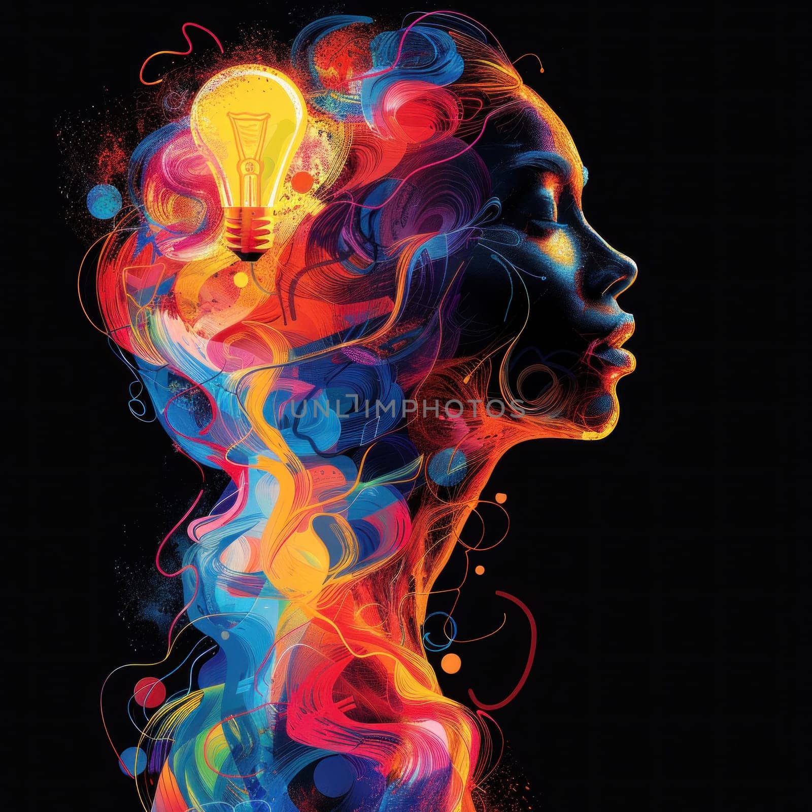 A woman with a glowing light bulb seemingly integrated into her head, symbolizing creativity or a bright idea.