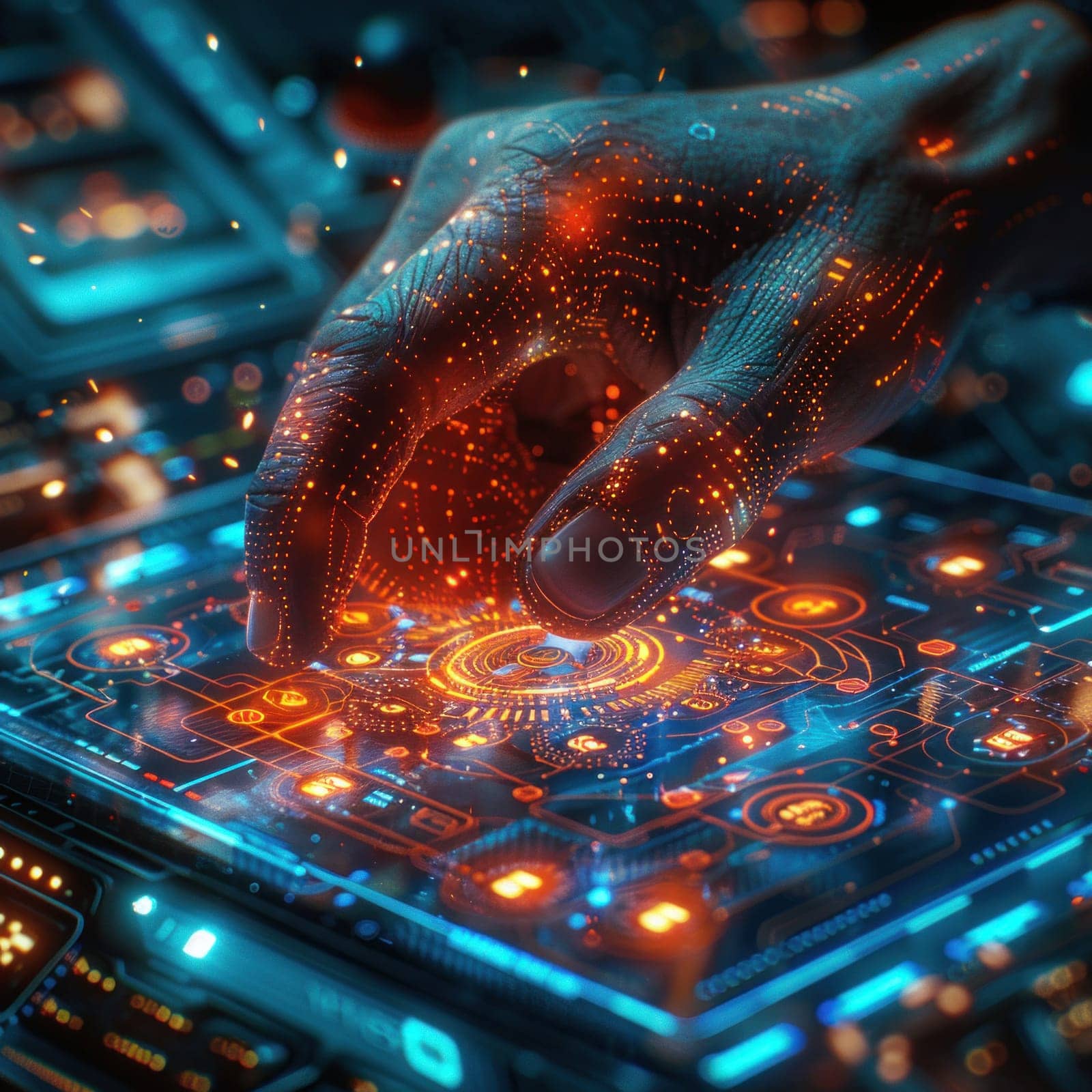 A persons hand is touching a computer keyboard with technological elements and soft lighting.