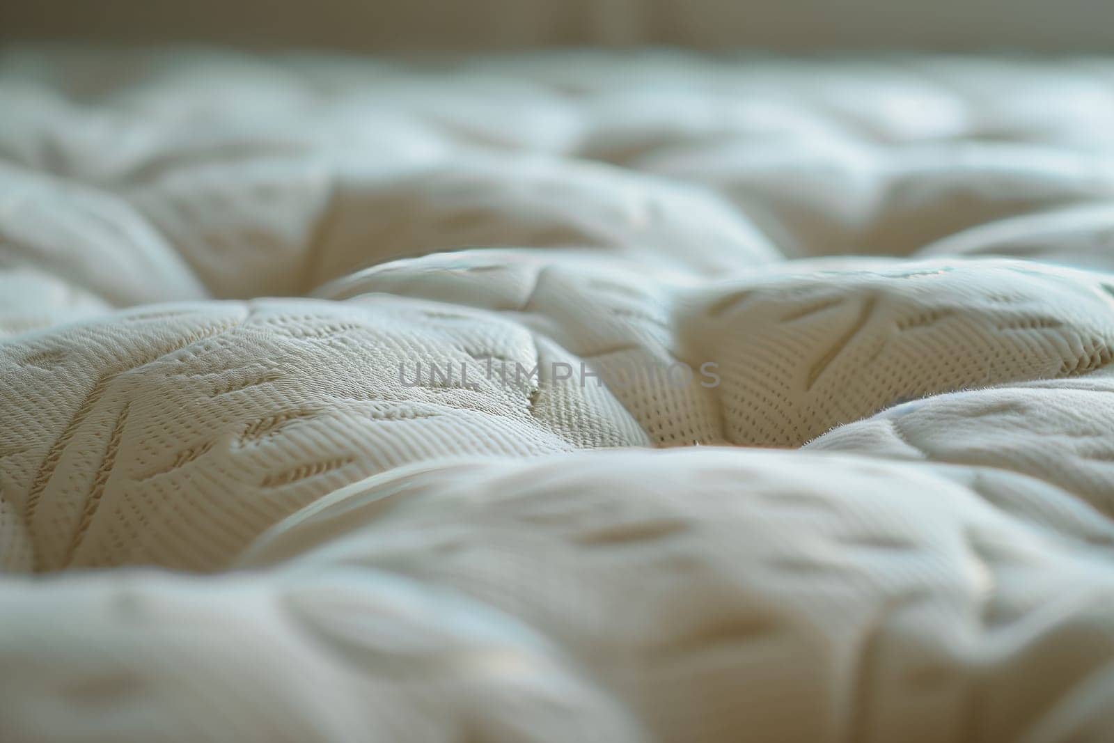 A closeup of a white mattress on a bed with hardwood flooring, cozy linens, and a fluffy duvet for maximum comfort and relaxation