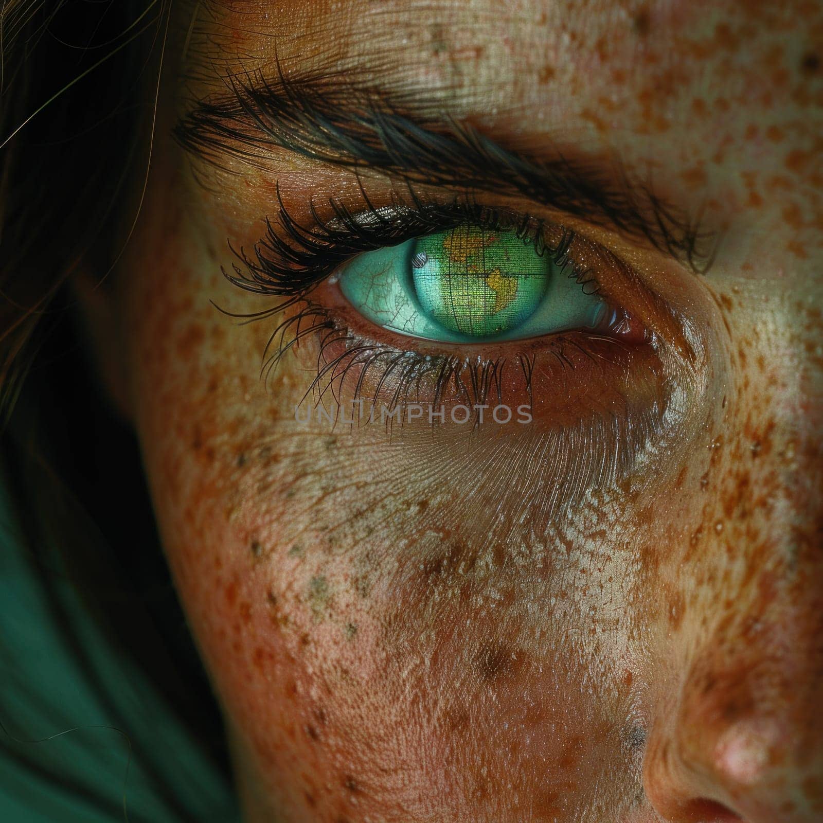 Detailed view of a womans face showing prominent freckles.