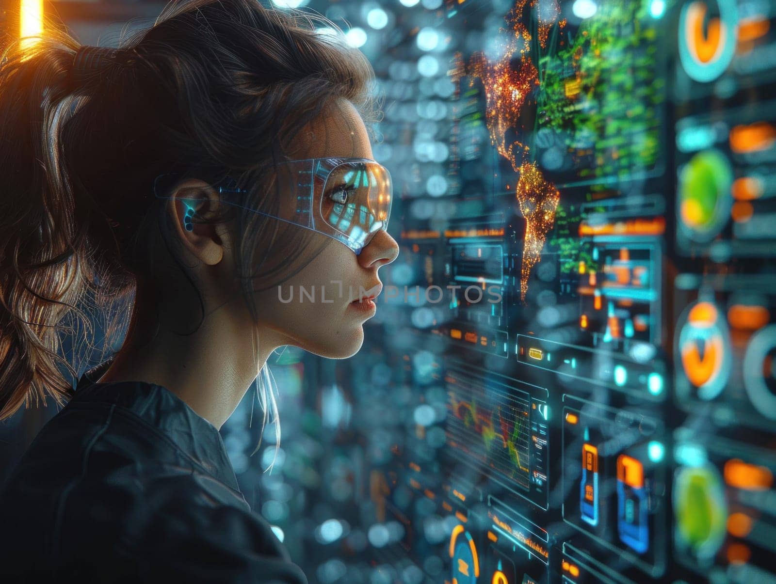 Woman Examining Data Wall Through Futuristic Glasses by but_photo