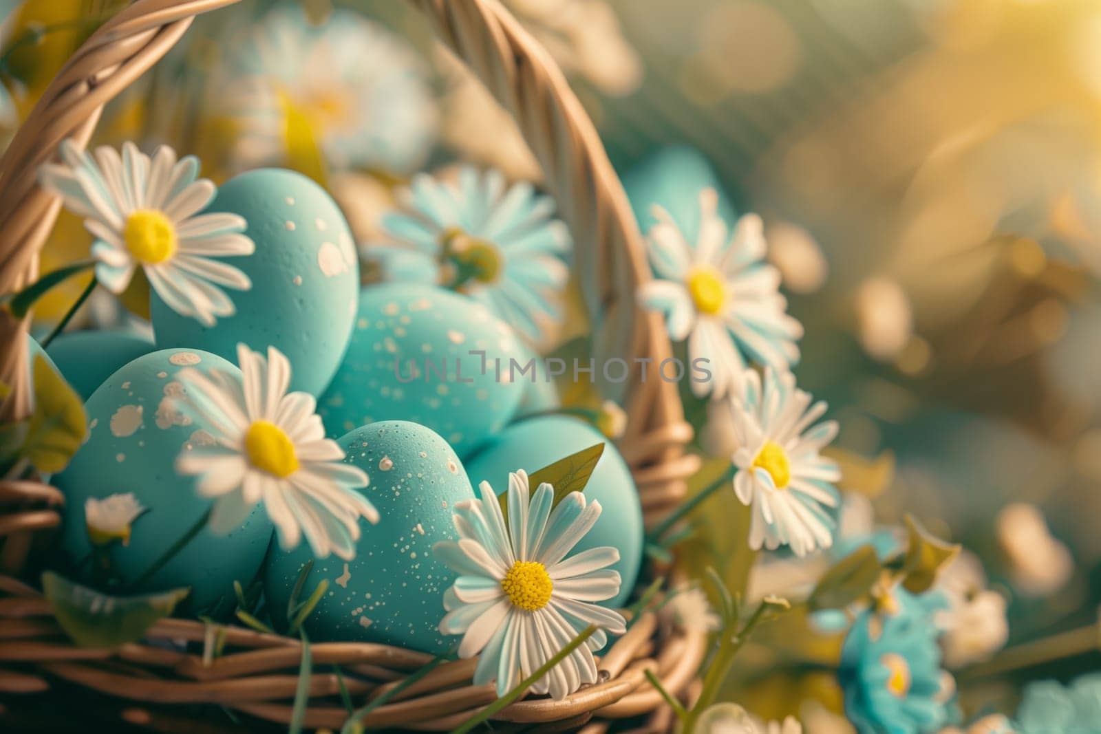 A beautiful basket filled with blue Easter eggs and daisies, showcasing the vibrant colors of nature with its delicate petals and foliage