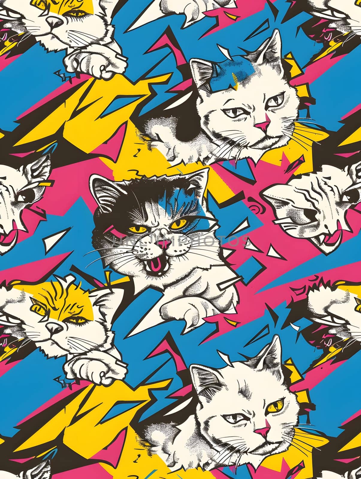 An artistic pattern featuring small to mediumsized cats from the Felidae family, with whiskers and vibrant colors, creating a seamless design perfect for cat lovers