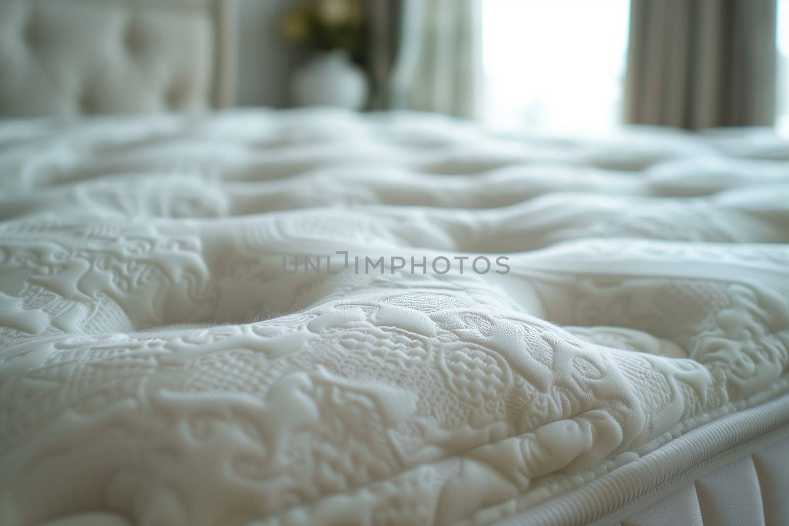A close up of a white mattress on wood flooring, surrounded by comfortable linens and bedding made of wool and fur. The artful thread work adds a touch of luxury to the bedroom