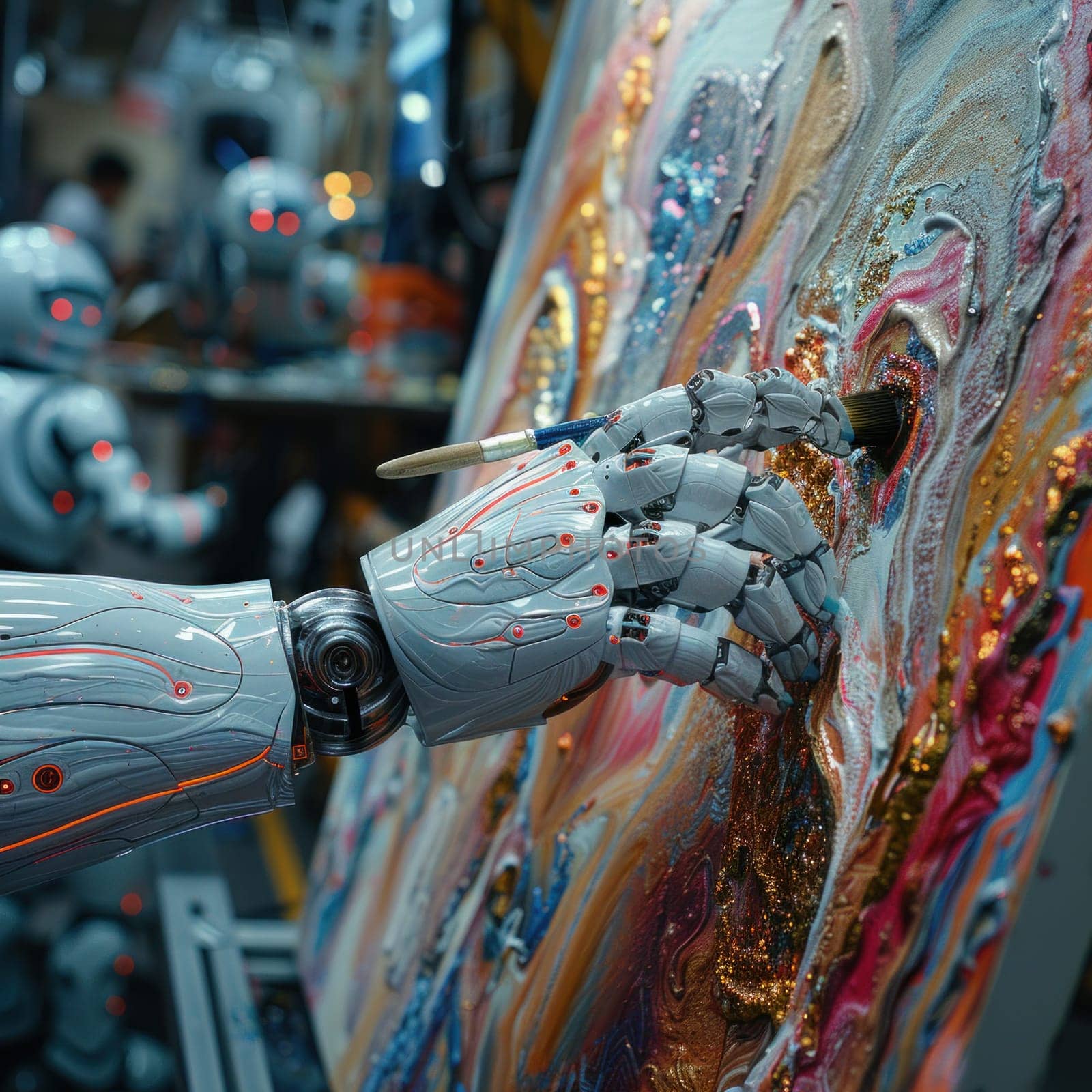 A robot is actively painting on a canvas with precision and skill.