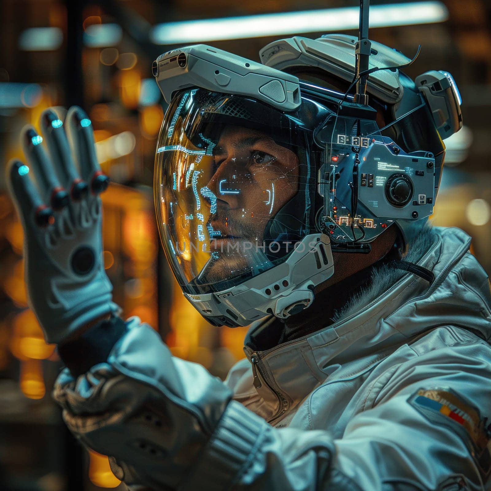 A man in a space suit taking photographs with a camera on a virtual reality mission in outer space.