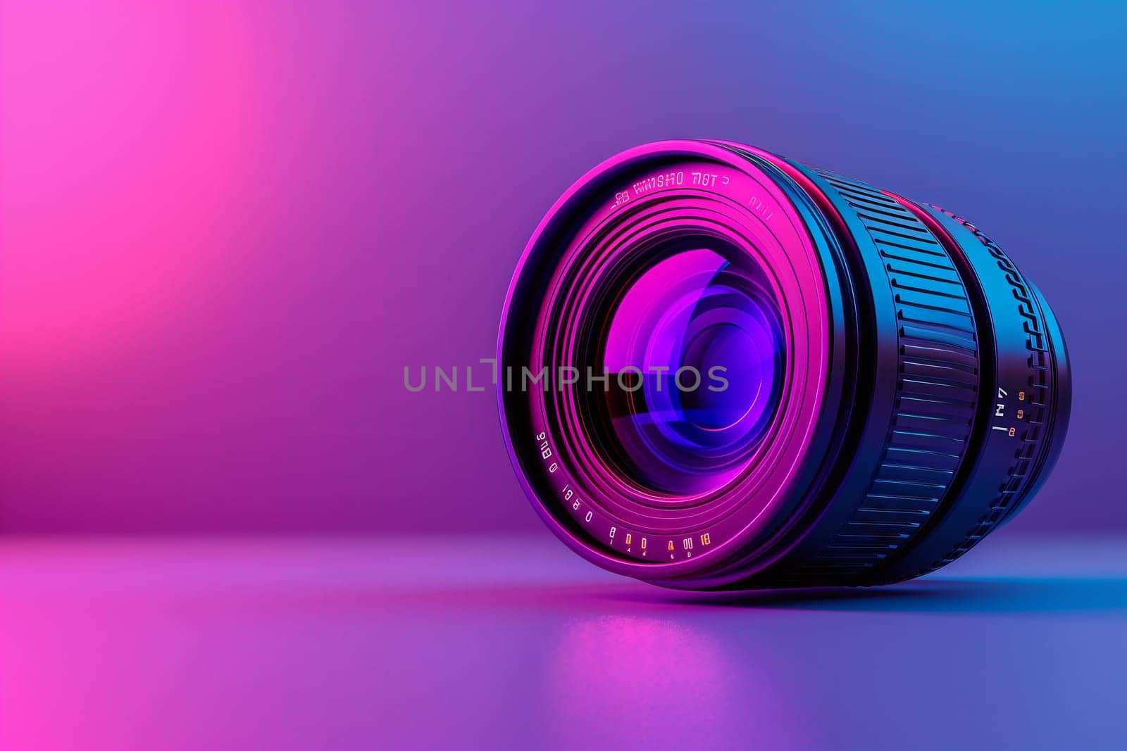 Closeup of a camera lens on a purple and electric blue background by richwolf
