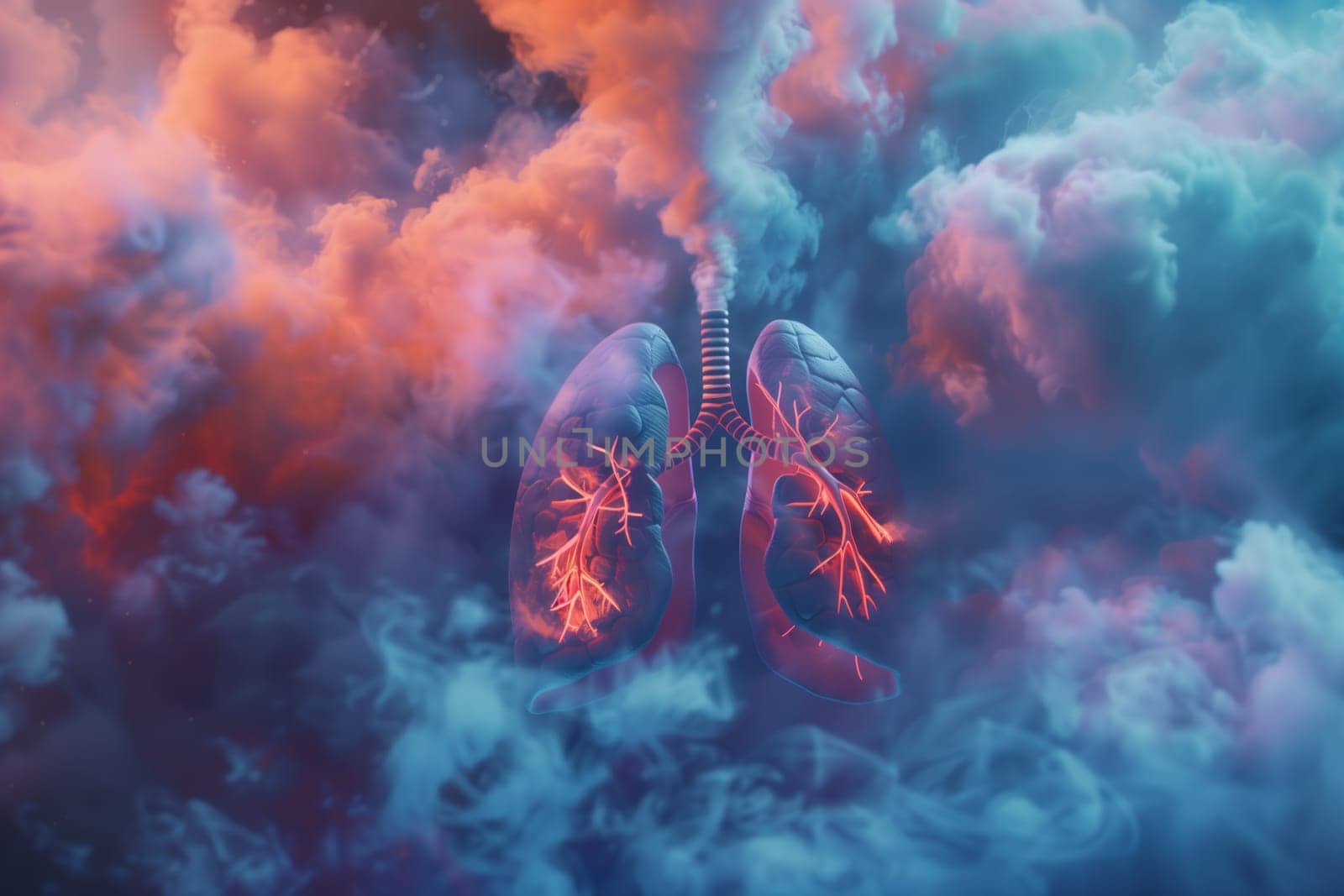 A stunning artwork showcasing a persons lungs depicted in the clouds, with electric blue hues and intricate patterns resembling cumulus formations