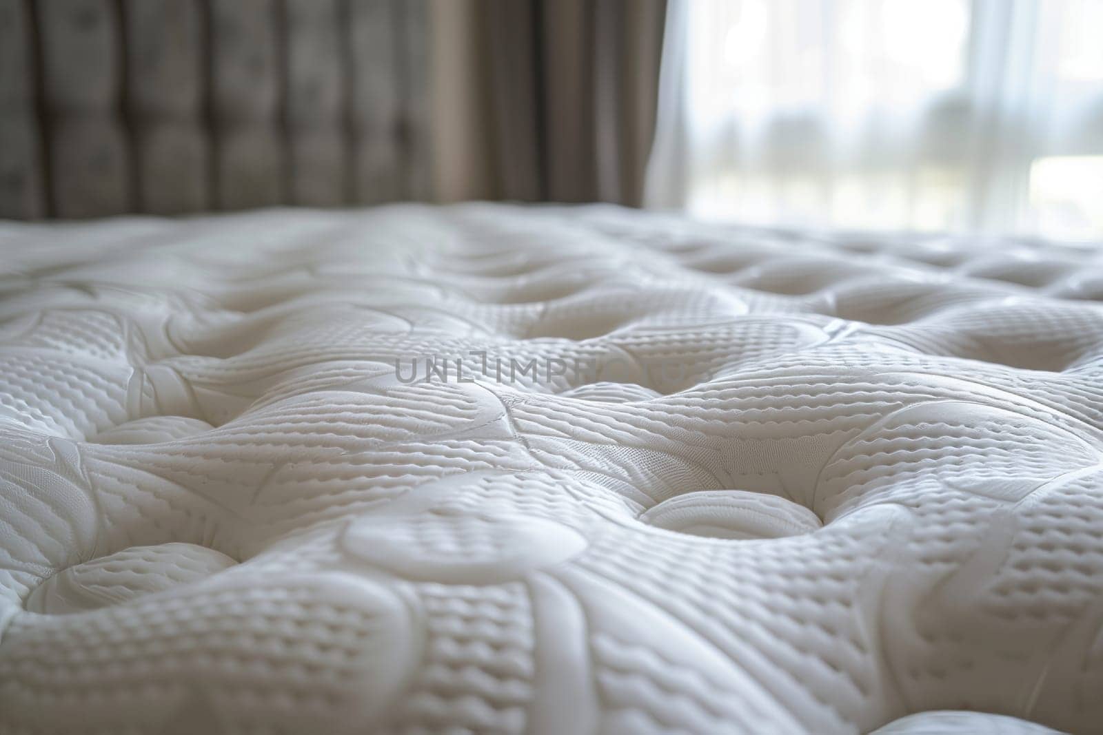 A white woolen mattress is placed on a hardwood bed frame in a room with wooden flooring. The bed is positioned next to a window, adorned with patterned linens for comfort and art