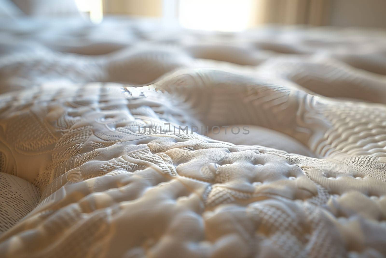 A closeup of a comfortable white mattress on a bed, with a pattern resembling wildlife landscape. The wood frame contrasts with the terrestrial animal fur and snake plant design