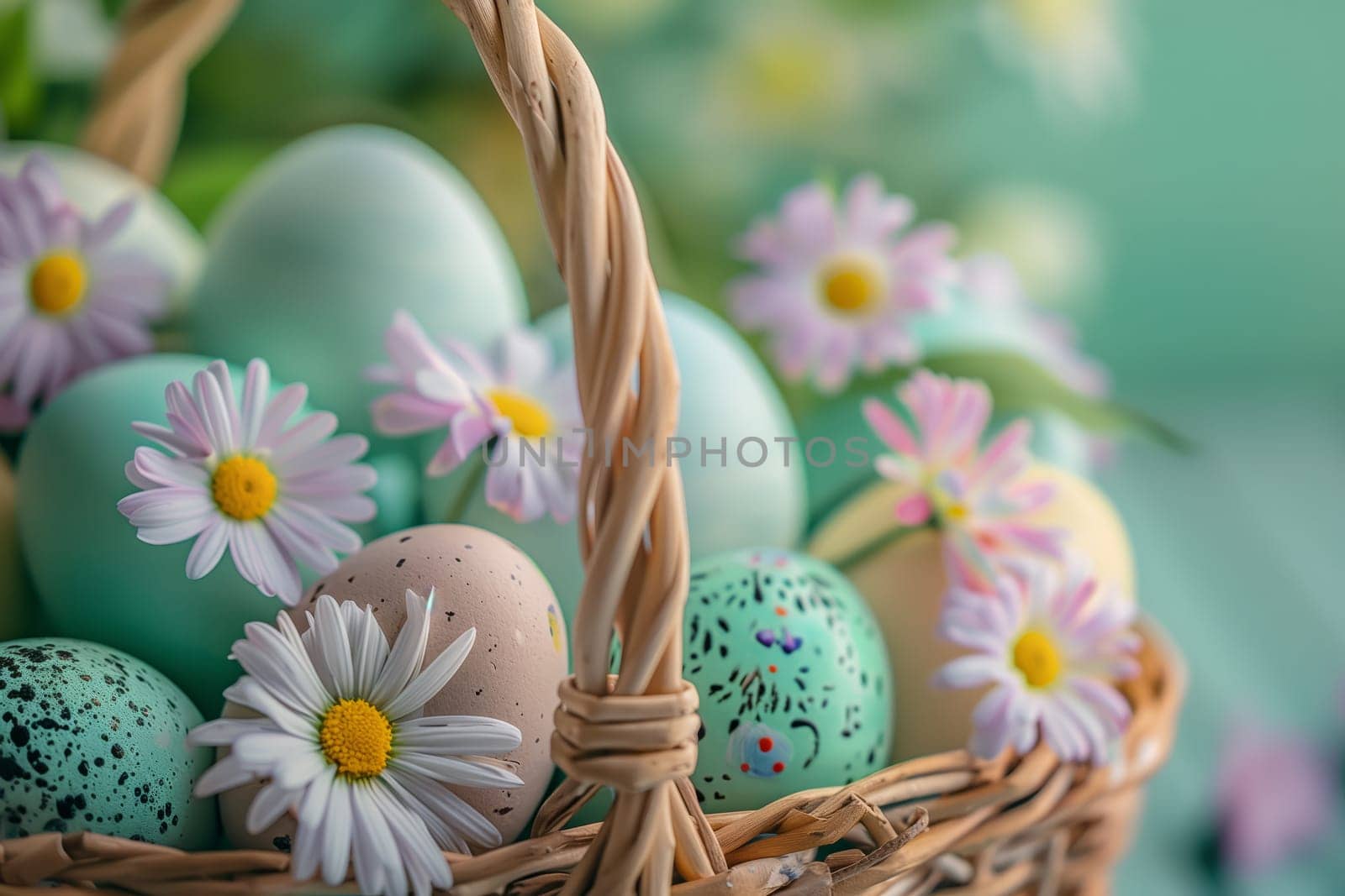 A beautiful arrangement of Easter eggs and daisies in a basket sitting on a table, surrounded by grass and flower petals