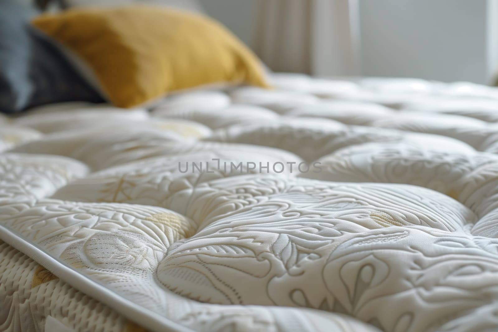 A closeup of a textile mattress resting on a rectangular bed frame made of hardwood. The cozy comfort is enhanced by the soft linens and pillows