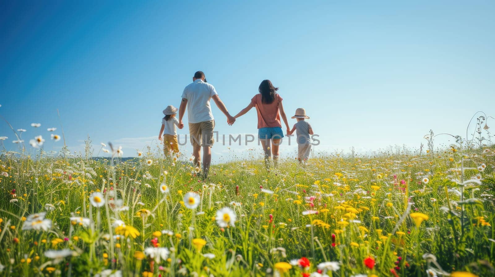 A happy family holding hands walks through a grassy field of flowers, surrounded by the beautiful natural landscape and vast sky. AIG41