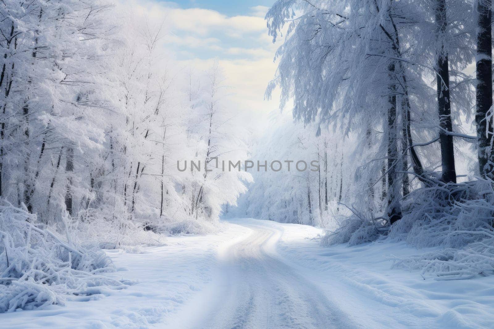 Misty Snow road mountains in fog. Way trip. Generate Ai