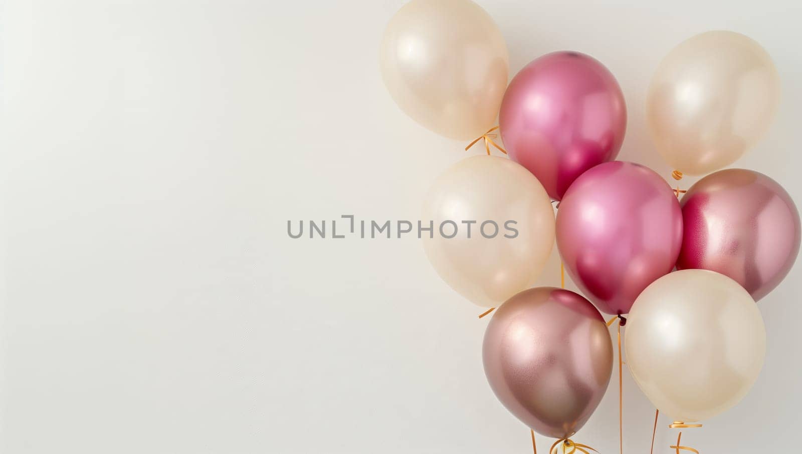 A variety of pink and white balloons made from natural materials hang as creative arts on a white wall, resembling jewelry pieces in shades of magenta and peach, creating a fashionable event decor