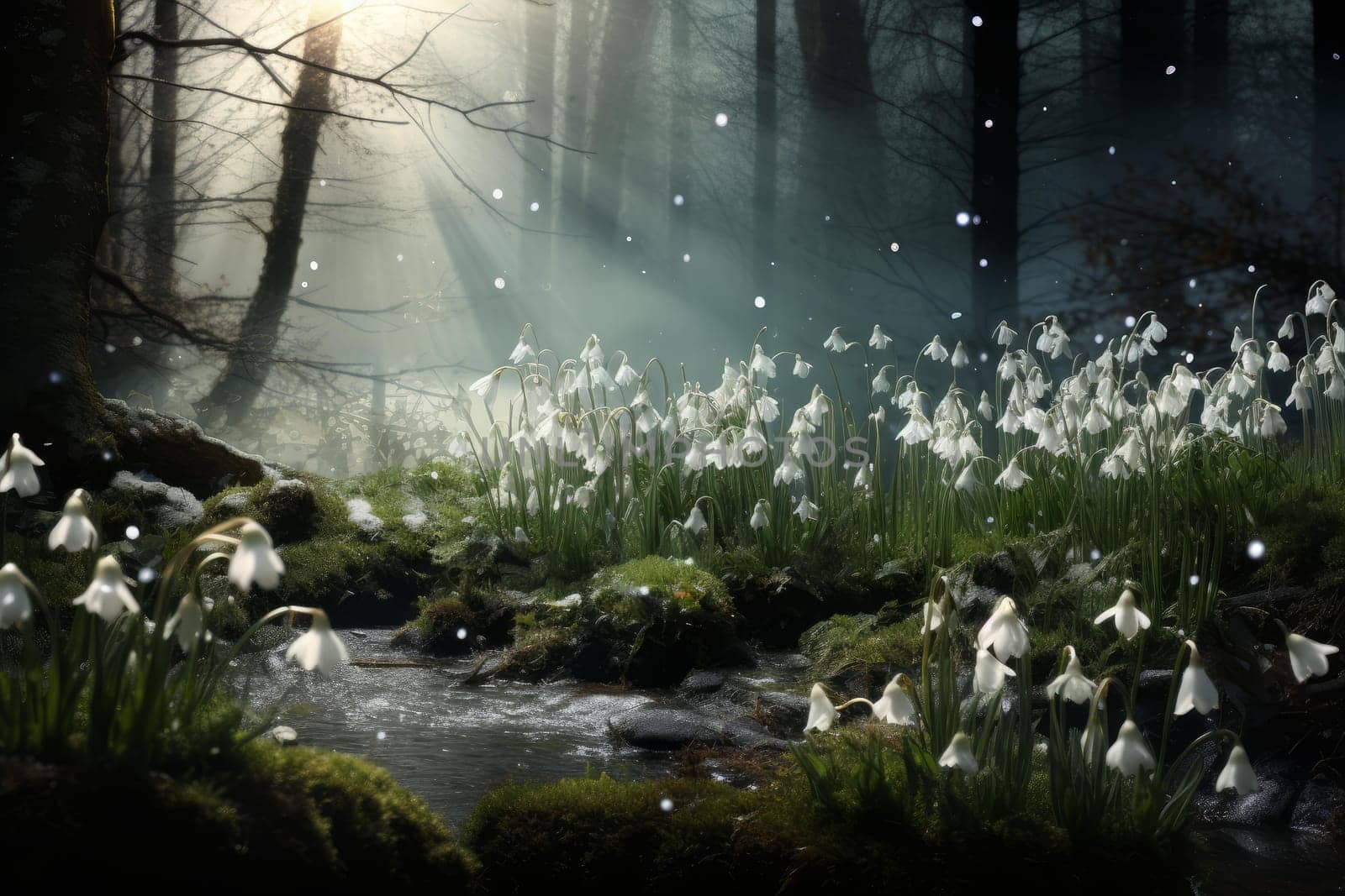 Majestic Snowdrops forest violet blossom at mountains. Generate Ai by ylivdesign