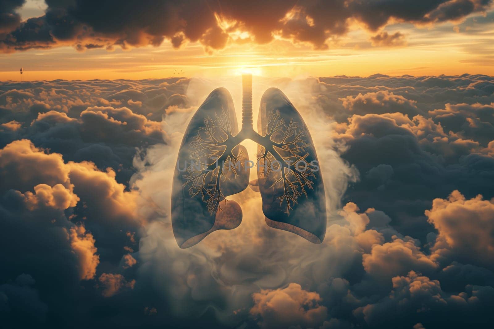 A pair of lungs float in the clouds in the atmosphere at sunset, bathed in the warm afterglow of the sun. A happy scene in the natural landscape, as dusk falls over the world