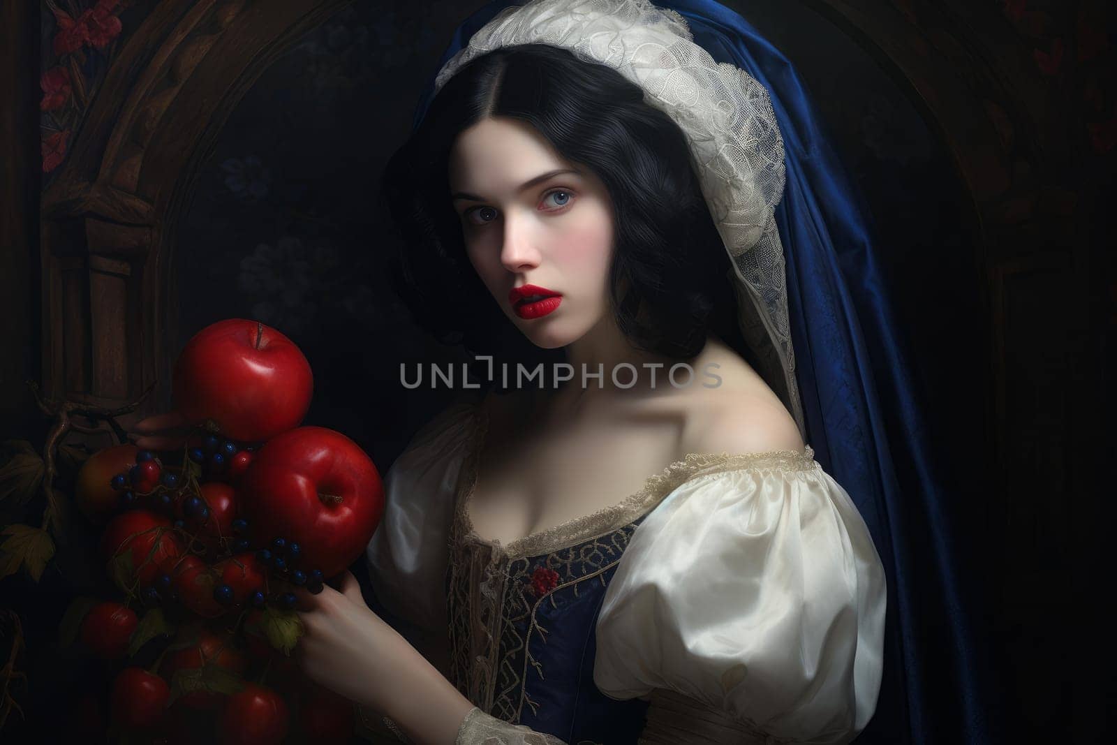Enchanting Snow-white princess apple. Beauty face portrait. Generate Ai