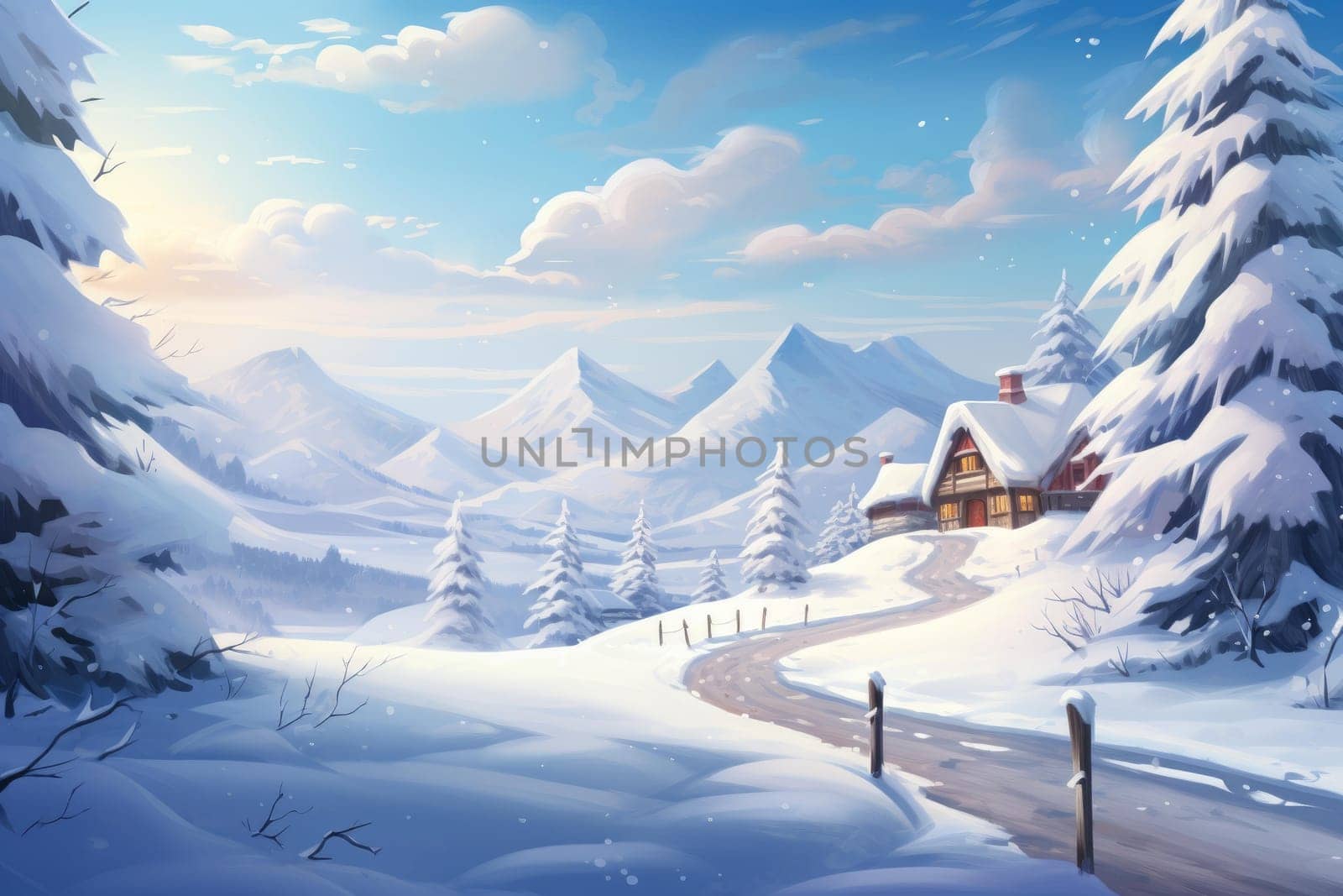 Serene Christmas landscape. Snowy hut cabin. Generate Ai