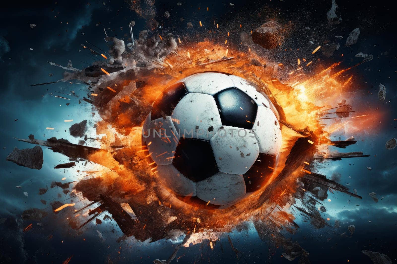 Dynamic Soccer ball explosion sport. Art light. Generate Ai