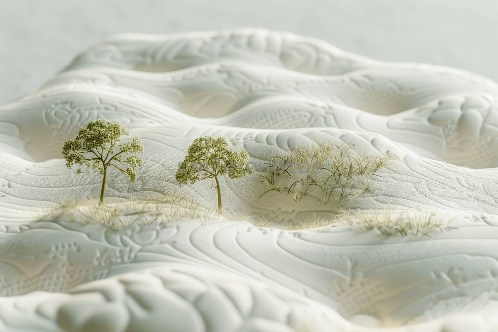 A natural landscape in the desert with trees standing in the middle, surrounded by a sloping terrain covered with grass and snow highlighting the freezing temperatures