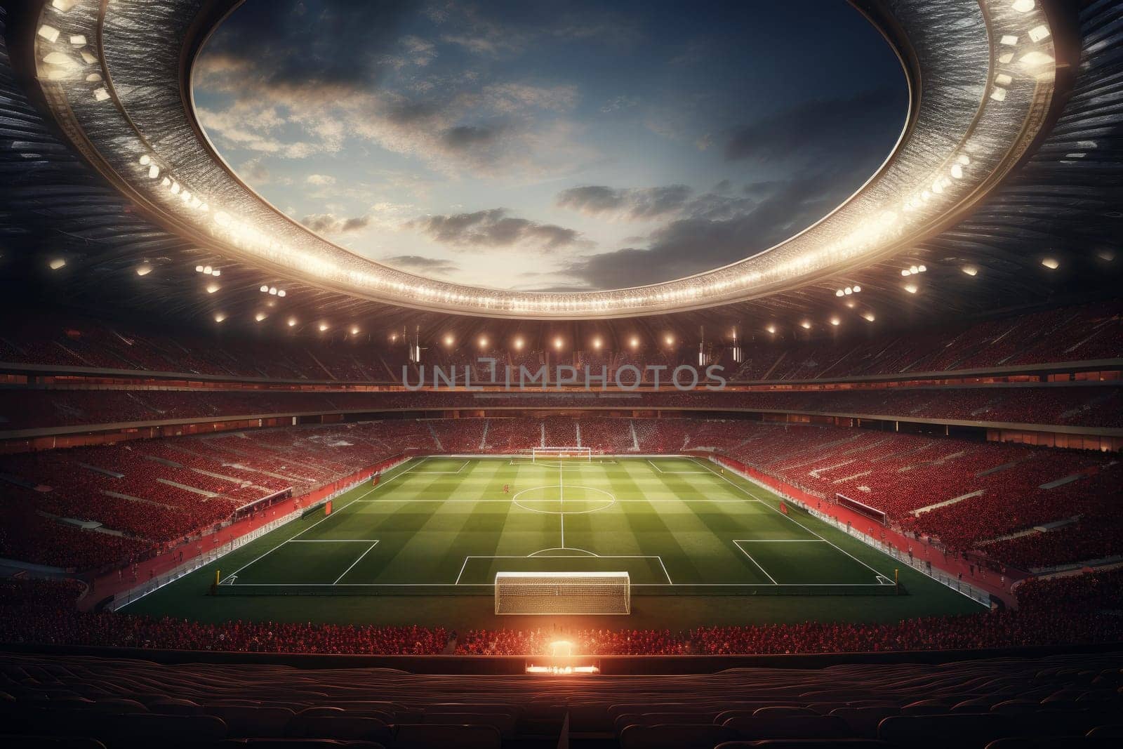 Enormous Soccer stadium. Sport ground grass. Generate Ai