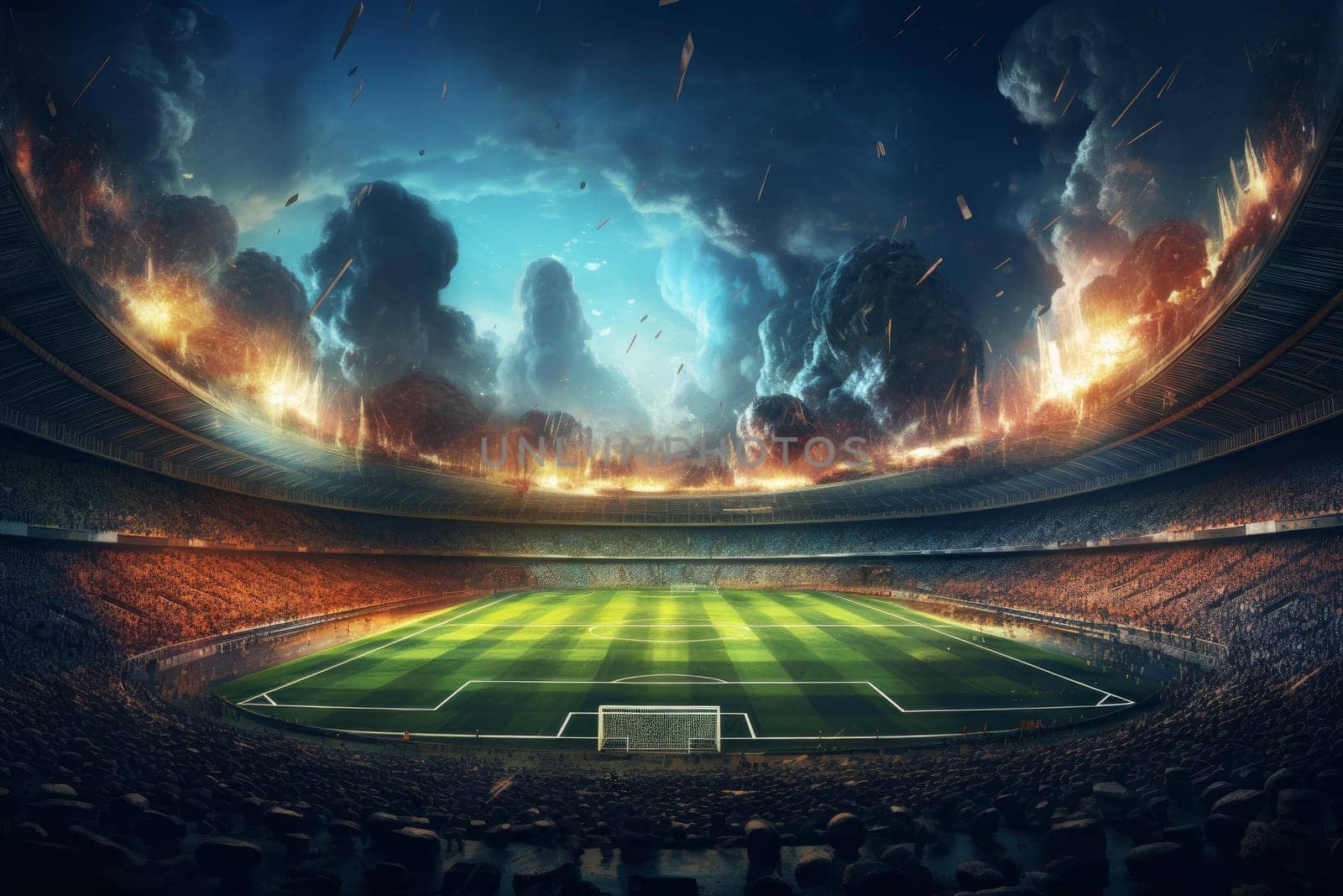 Noisy Soccer stadium. Sport ground grass. Generate Ai