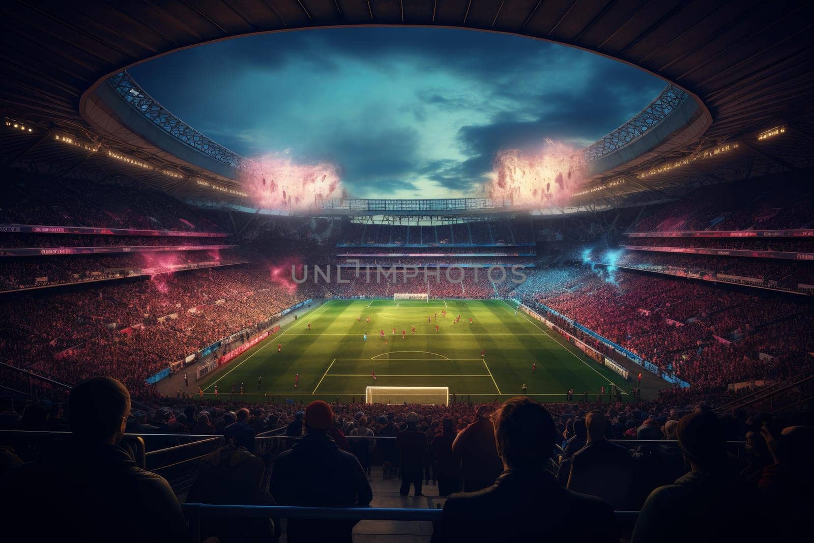 Monumental Soccer stadium. Sport ground grass. Generate Ai