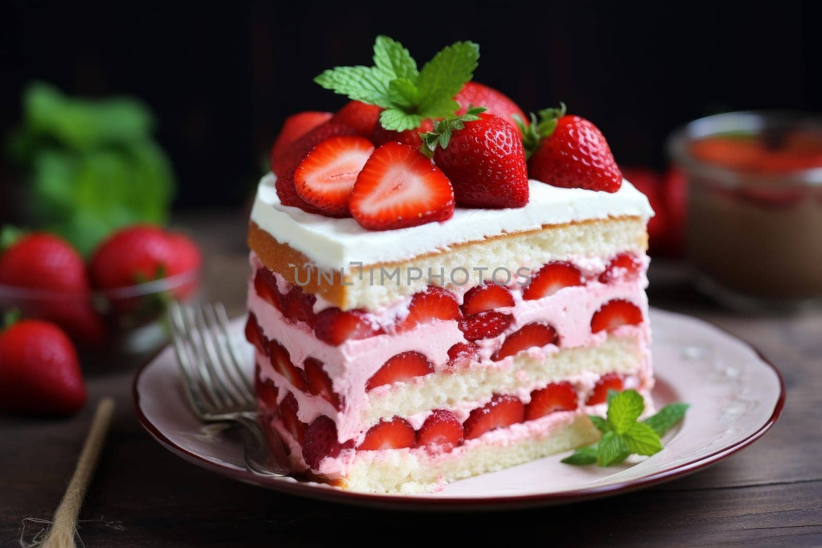 Delicious Soft cake decorated with strawberries. Bakery delicious sugary tart dessert. Generate ai