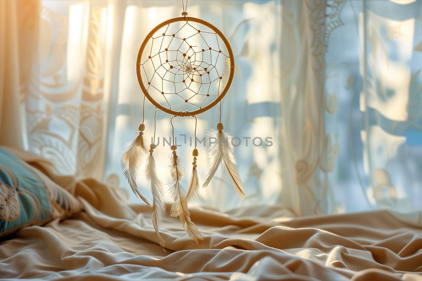A wooden dream catcher hangs elegantly on a twig in front of a window, adding an artistic touch to the rooms interior design with glass drinkware, linens, and flooring