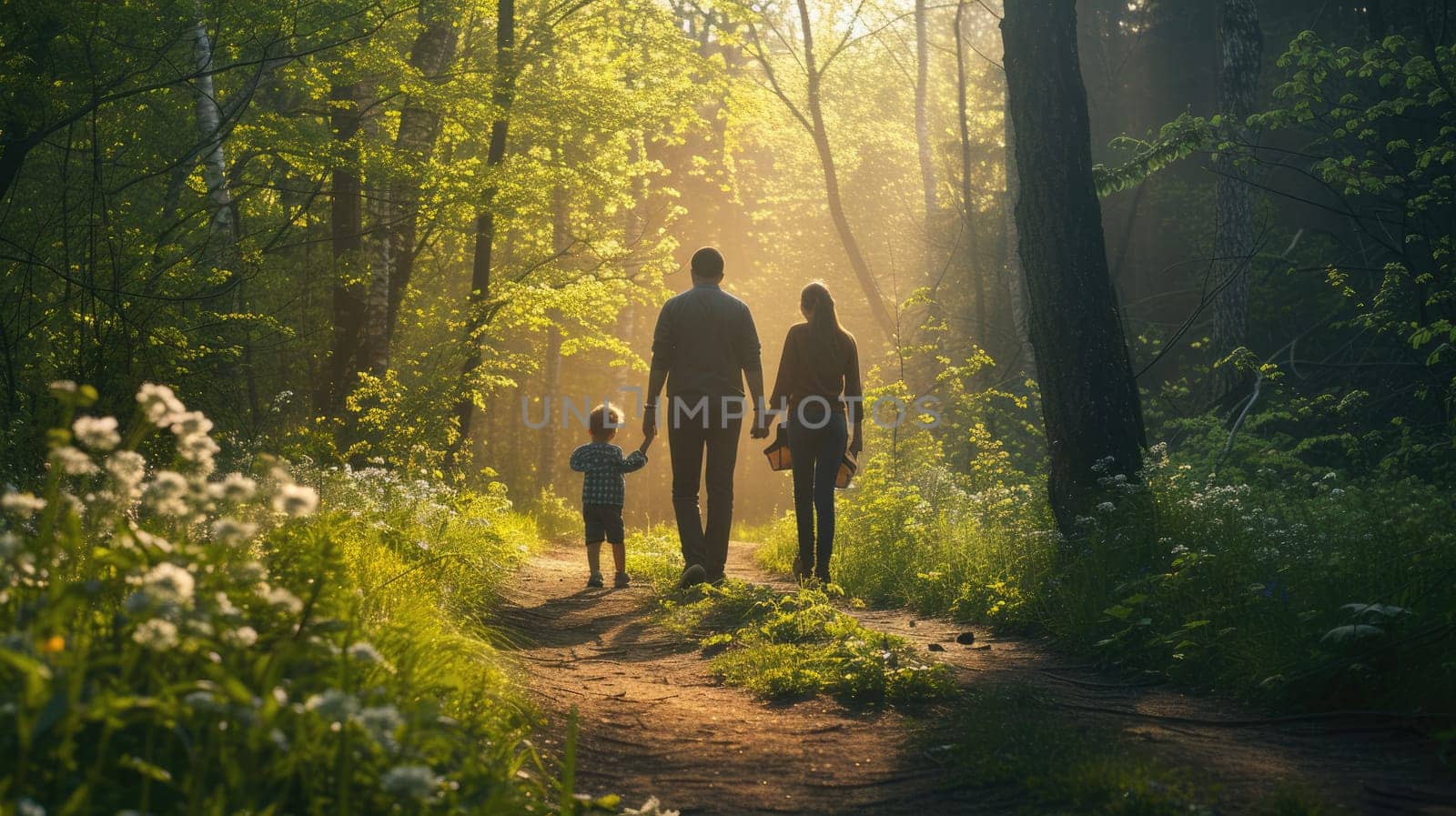 A woman and child stroll through a forest, hand in hand, amidst trees, plants, and natural woodland landscape. AIG41