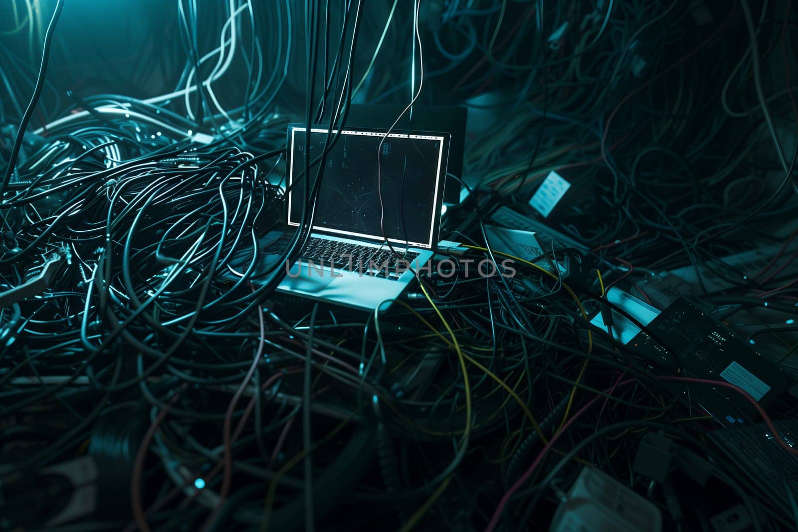 Laptop computer on wire pile in dark room, Electric blue event by richwolf