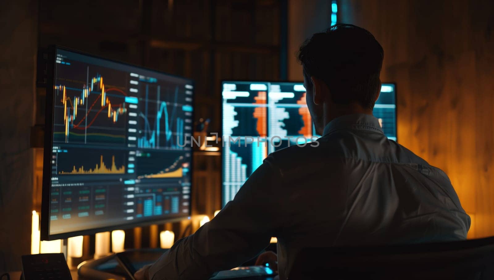 Man sitting in dark room in front of two computer monitors by richwolf