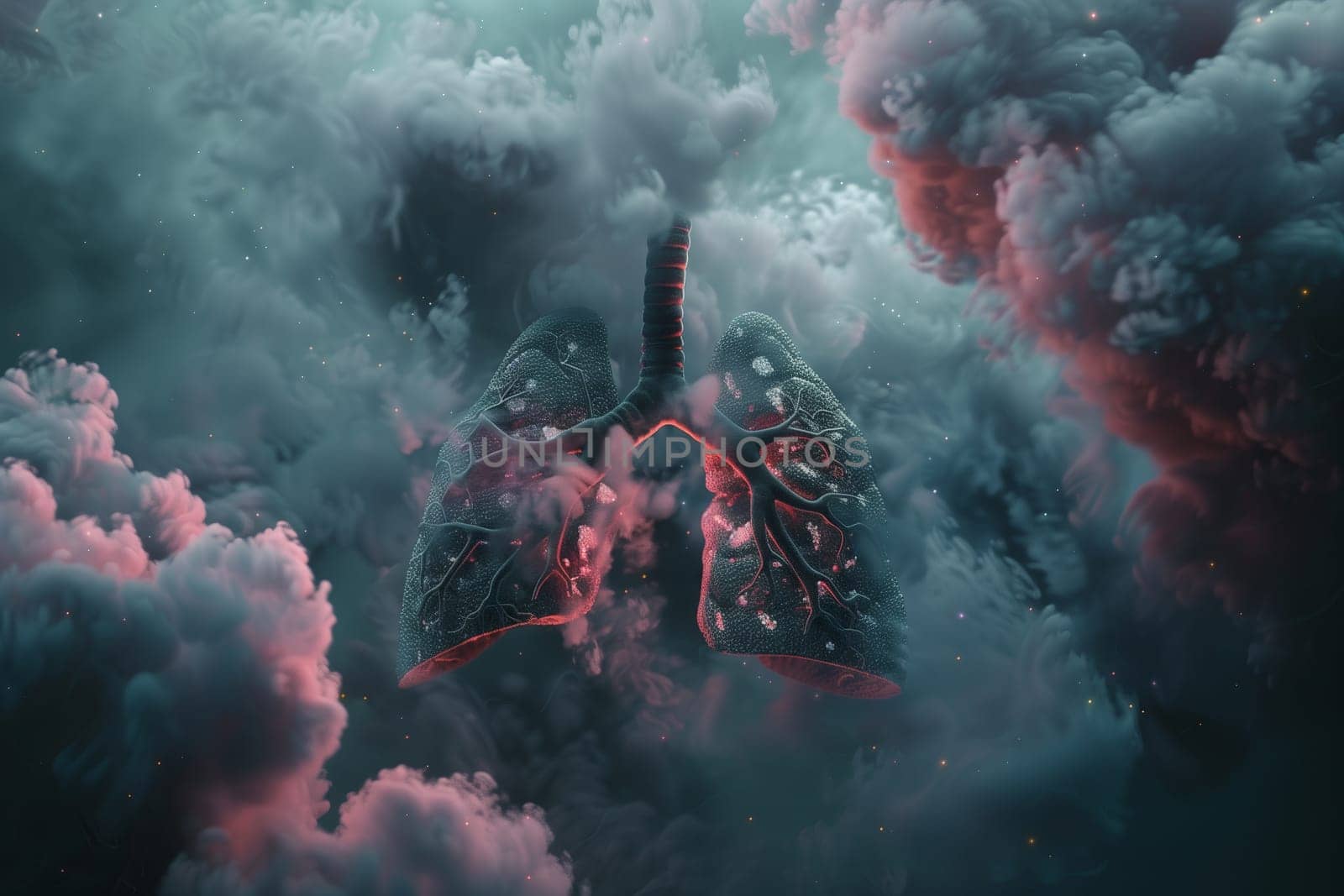 The fictional characters lungs were submerged underwater, floating in the clouds of a polluted landscape. The event was like a dark, smoky art installation