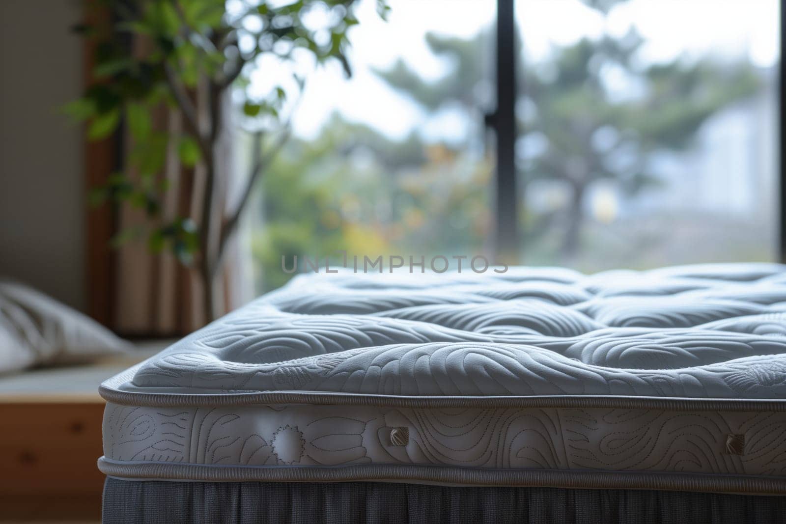 A hardwood bed frame supports a rectangular mattress with automotive tire prints, placed in front of a tinted window overlooking the sky and tree. The roof provides shade