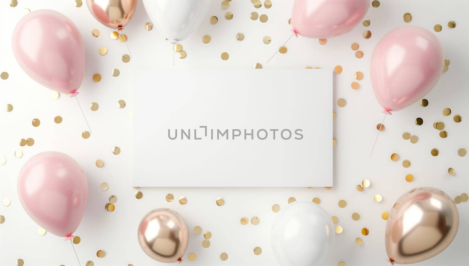 White card encircled by pink balloons, gold confetti, for a festive event by richwolf