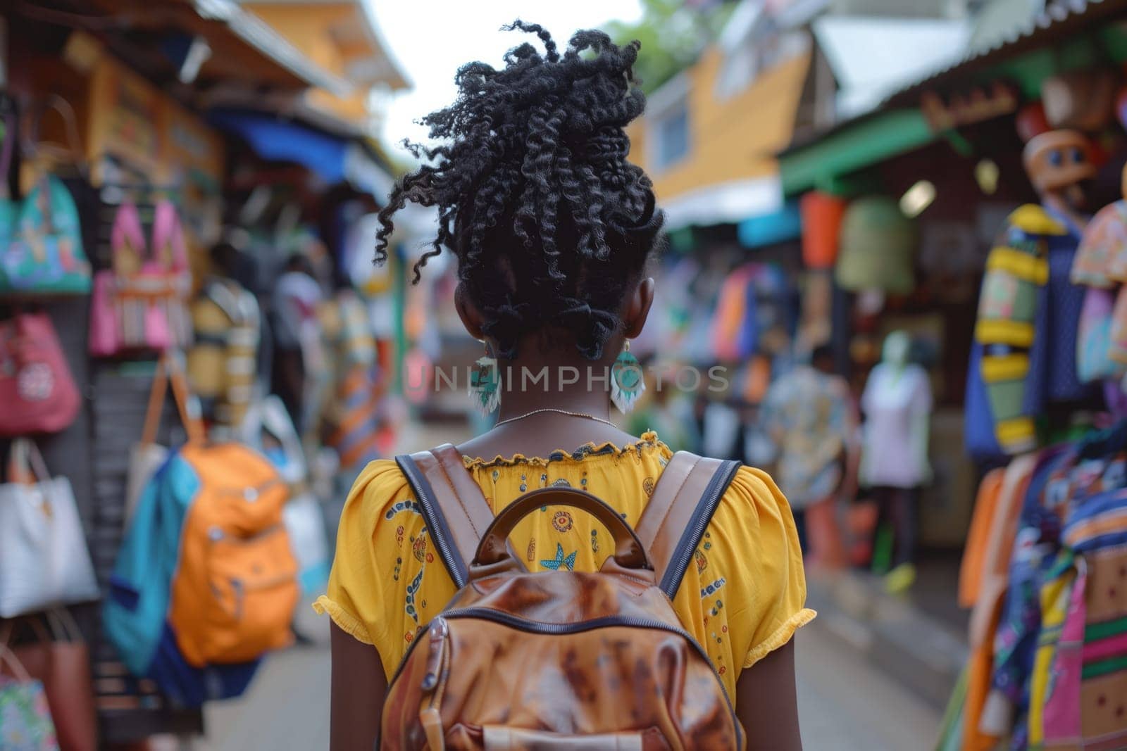 A woman with a backpack shopping at a busy market street by richwolf