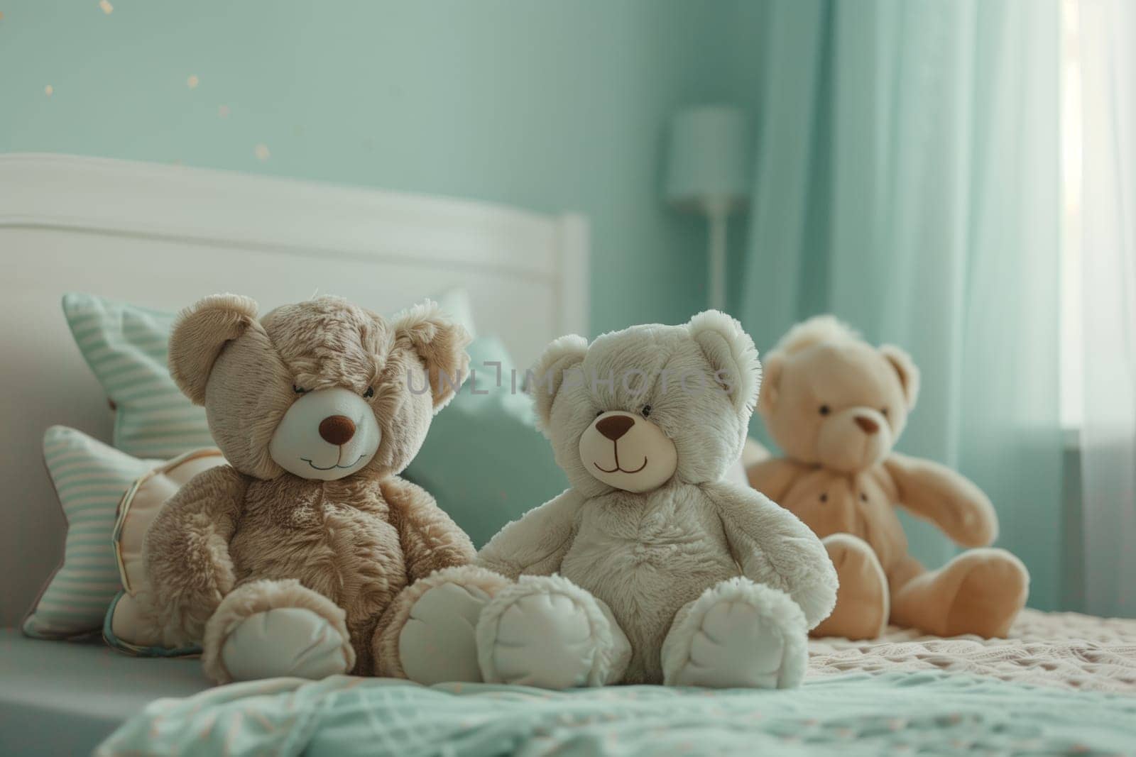 Three vertebrate mammal toys, known as teddy bears, are artfully placed on a bed in a room. Their plush fur gives them a lifelike appearance as they sit together in a cozy arrangement