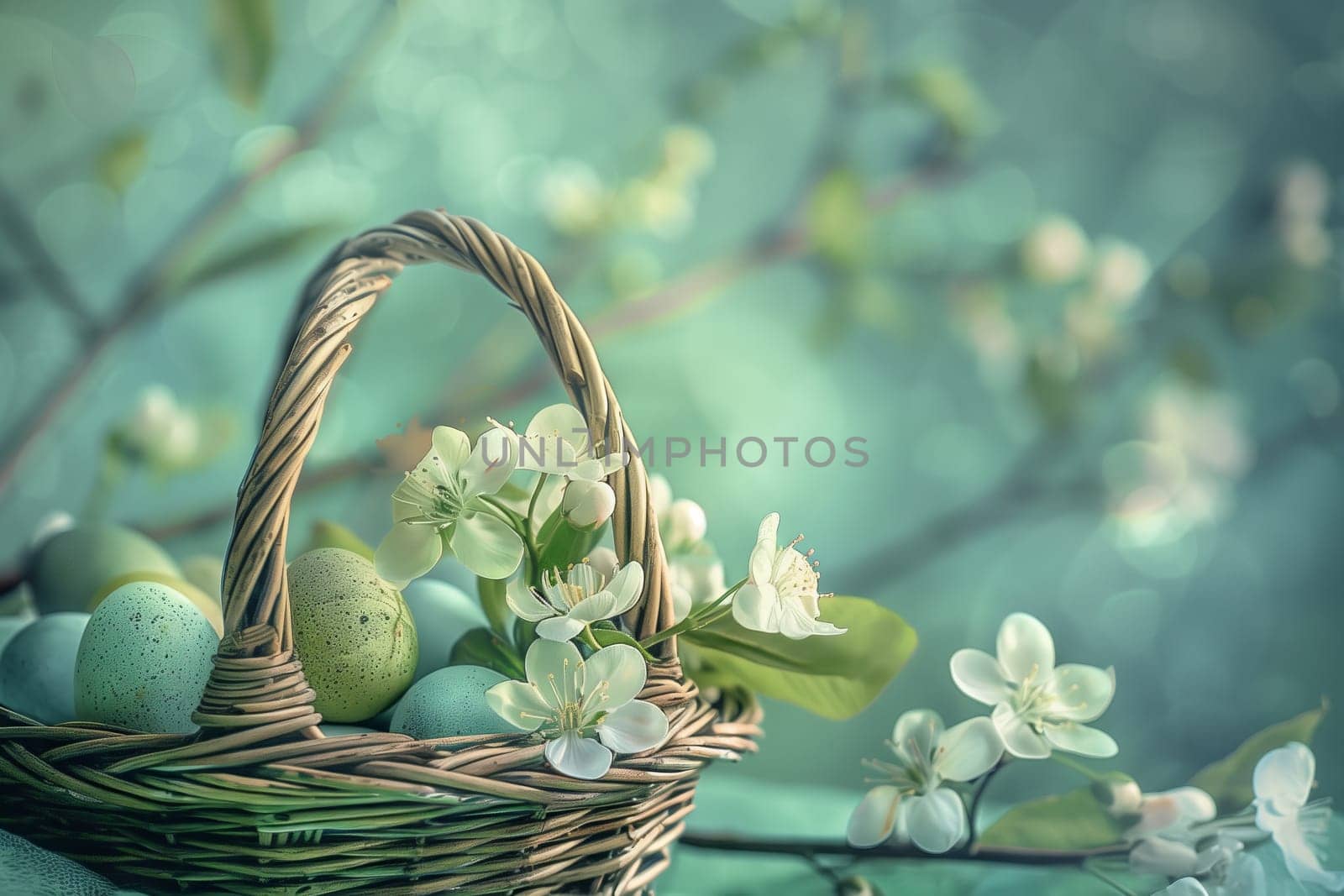 A wicker basket filled with colorful Easter eggs and freshly picked flowers resting on a table